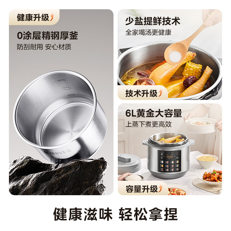 美的(Midea)0涂层健康煮6L大容量全自动家用电压力锅高压锅煮小米饭锅 MY-E6010G高清大图