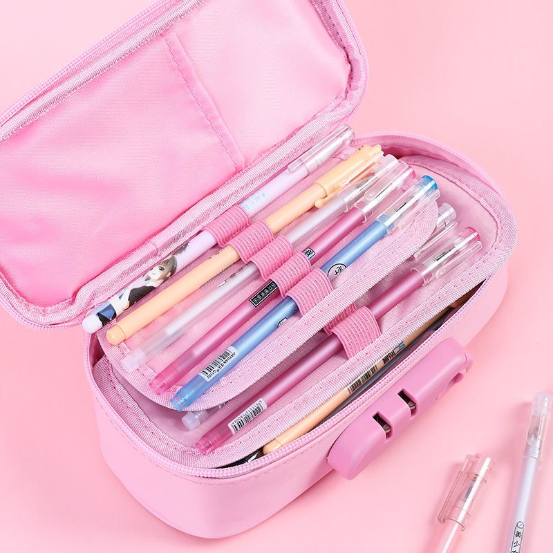 帆布四层分隔大容量手提简约韩版文具盒学生铅笔盒6559密码锁笔袋黑色