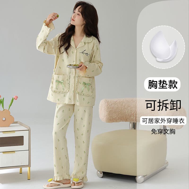猫人月子服带胸垫春秋款产后哺乳睡衣纯棉孕妇长袖家居服套装图片