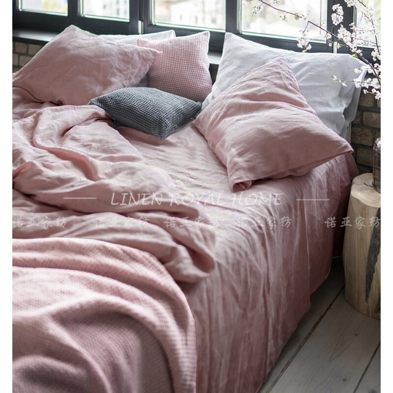 水洗亚麻安睡干爽粗犷有质感床单夏季床上用品件套藕粉色