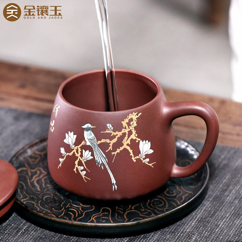金镶玉 史文俊鹊喜杯 宜兴紫砂杯茶杯泡茶杯茶具办公品茗石瓢盖杯 500ml高清大图