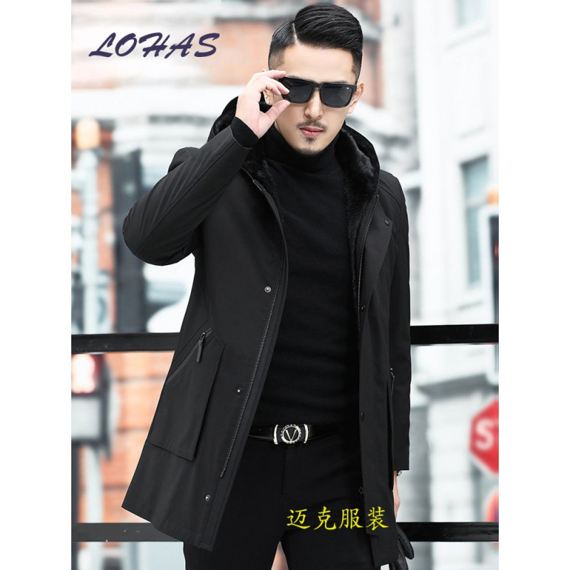 baluoshang新款派克服男中长款连帽内胆大衣外套男装狐狸毛领皮草外套