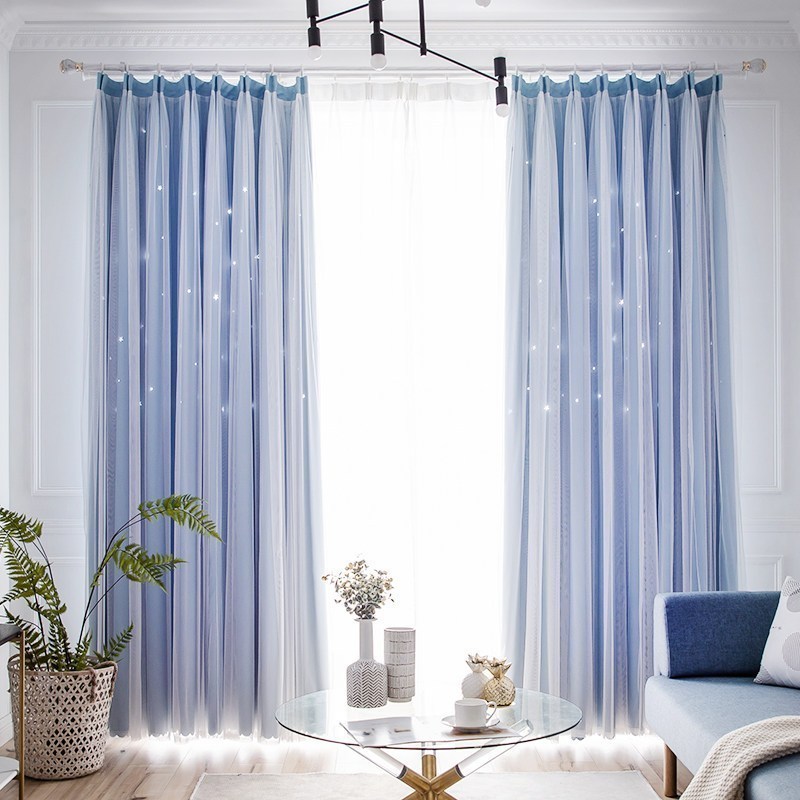 美帮汇北欧现代简约全遮光双层飘窗卧室客厅镂空星星公主风窗帘高清大图