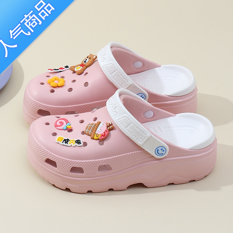 SUNTEK卡通洞洞鞋女夏外穿松糕厚底两穿包头半拖鞋时尚高跟镂空沙滩凉拖高清大图