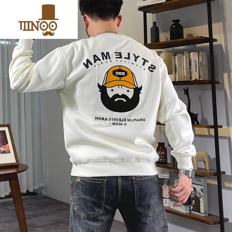 YANXU后背卡通人物图案刺绣印花秋季男士长袖卫衣圆领潮牌套头上衣外穿