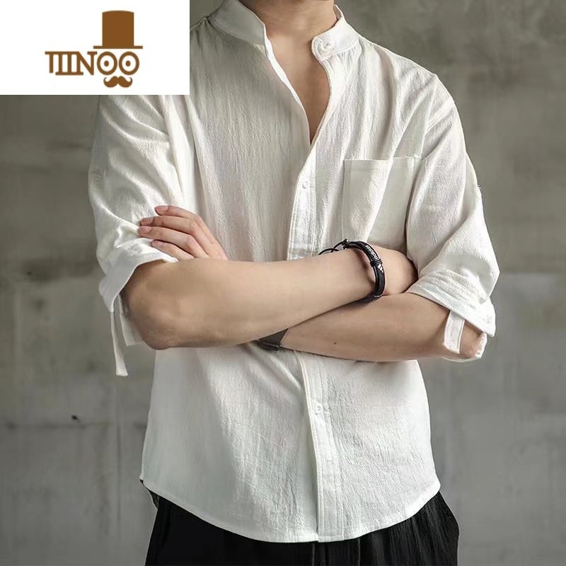 YANXU七分袖亚麻衬衫男短袖衬衣宽松中国风夏棉麻男士休闲外套长袖上衣