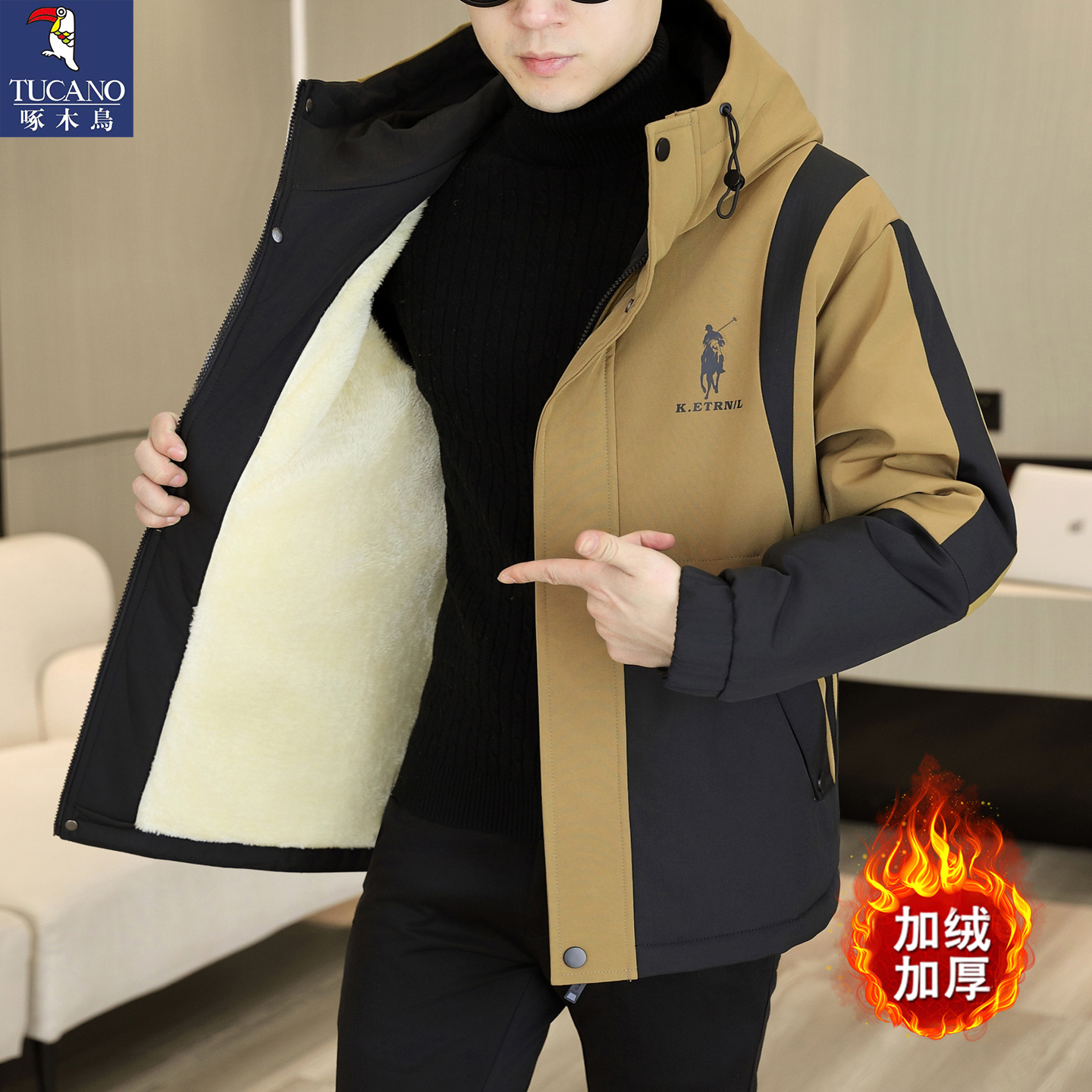 啄木鸟男士外套2025新款男士工装连帽加绒夹克冲锋衣冬季加厚棉工高清大图