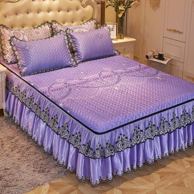 美帮汇床裙冰丝凉席三件套1.8m床折叠夏天空调席可水机洗床笠床罩软席子 MY:姹紫嫣红 1.8*2.2m床