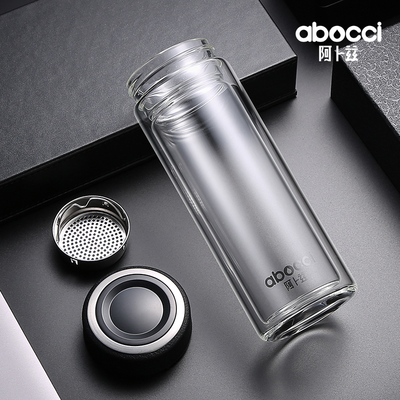 阿卜兹(abocci)双层玻璃杯透明加厚水晶杯男女士便携创意水杯带盖过滤办公泡茶广告杯杯定制印字logo