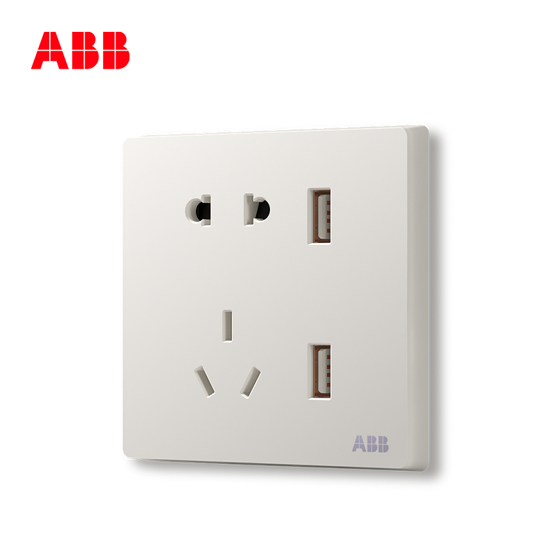 ABB开关插座无框轩致雅典白墙壁86型插座面板双USB五孔插座AF293