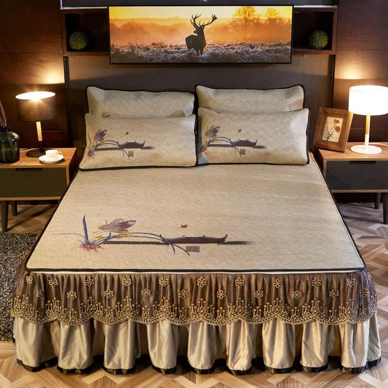 家柏饰(CORATED)凉席藤席1.8m床裙款冰丝席三件套夏季1.5米折叠纯藤空调席子 墨兰 1.8*2.2m床