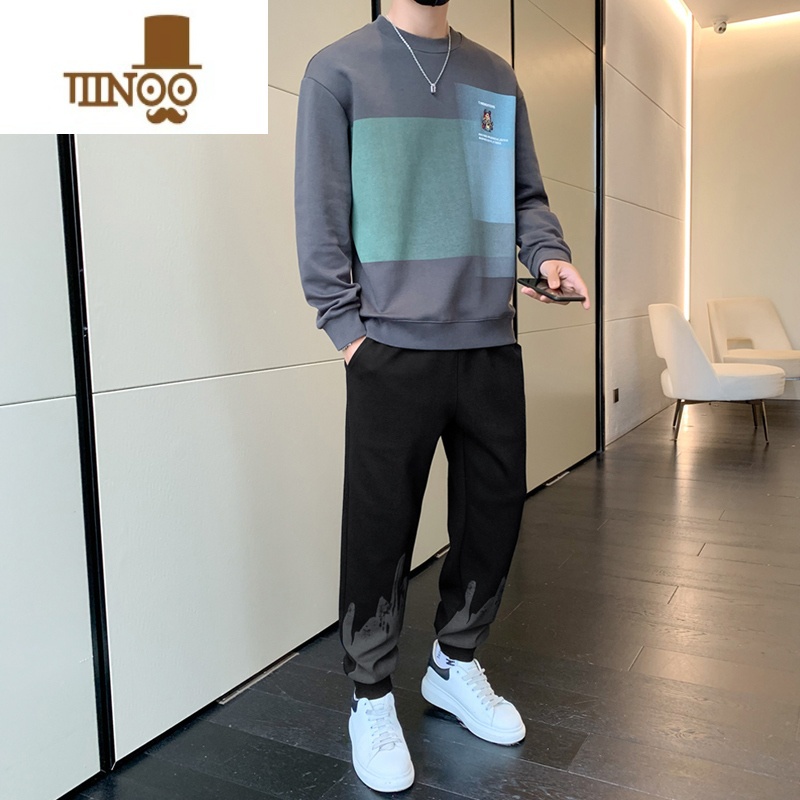 YANXU2023新款休闲运动套装男潮牌百搭高街撞色卫衣一套搭配秋装高清大图