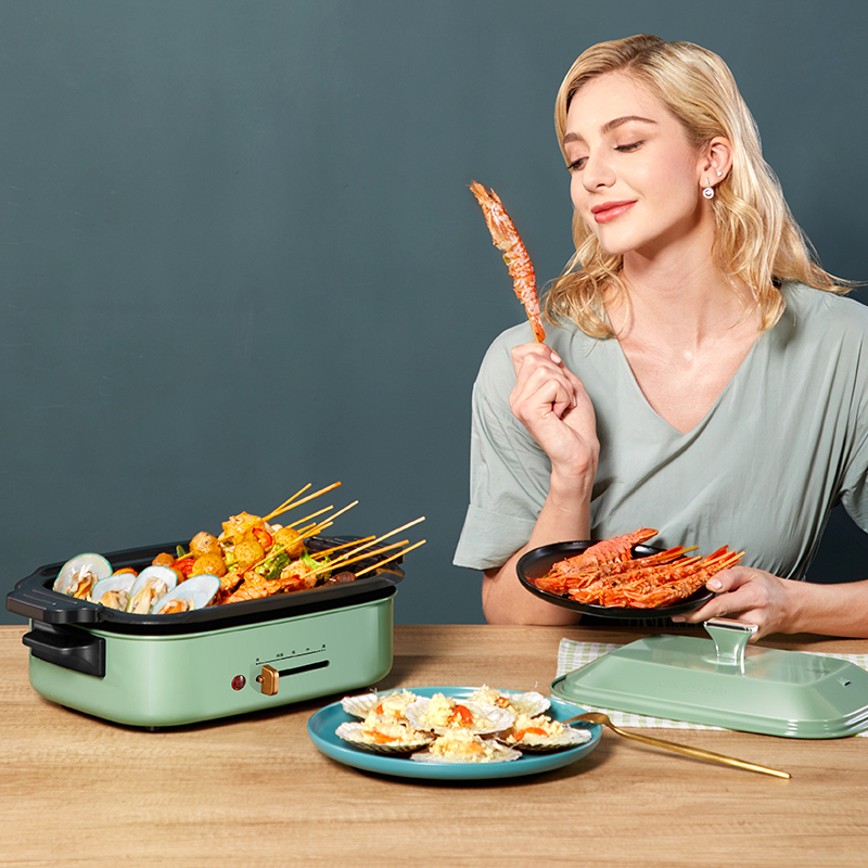 北美电器（ACA）多功能料理锅AH-MP1200 家用多功能锅料理锅 电烧烤锅电火锅蒸锅家用电烤锅烤肉机 绿色标配
