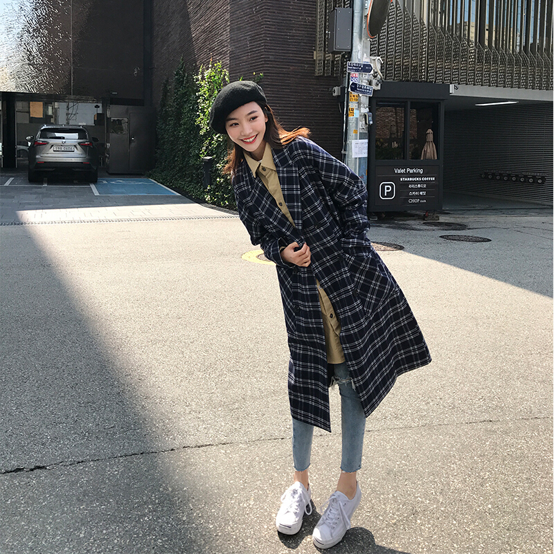 秋季外2018甜宽松双排搭lulu格风衣中长款藏青