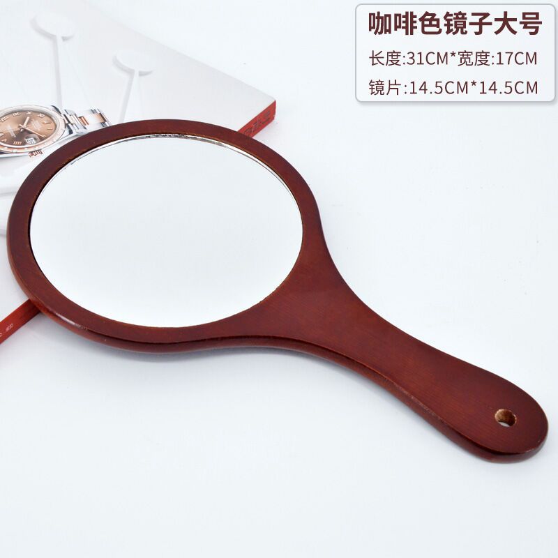 美容院专用化妆镜手柄纹绣师手持手拿便携随身牙科欧式木制小镜子 原木色镜子[小号]