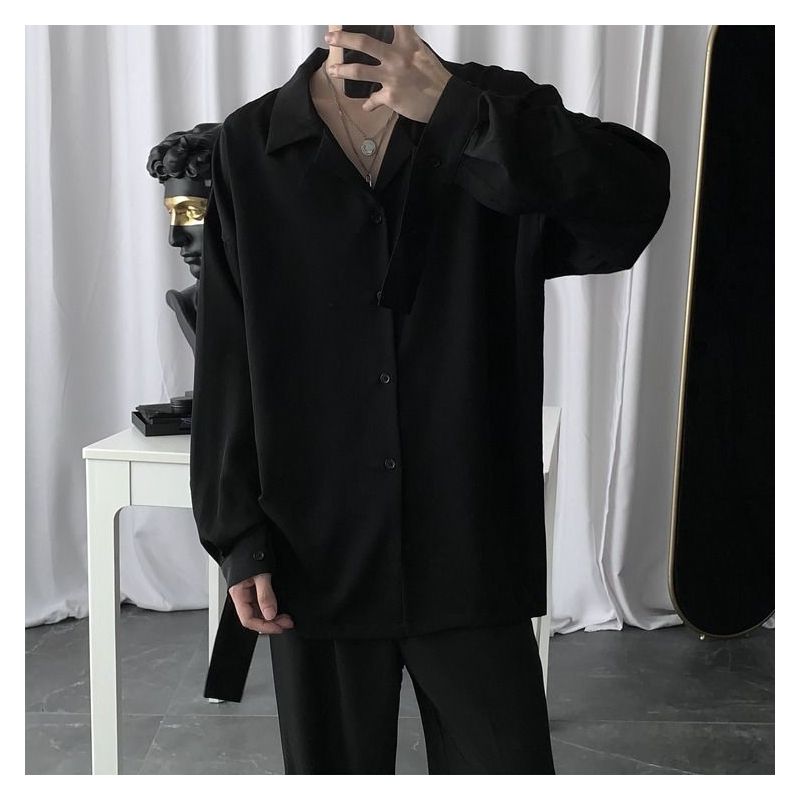 短句先生暗黑禁欲系黑色衬衫男长袖韩版设计感慵懒风气质宽松衬衣