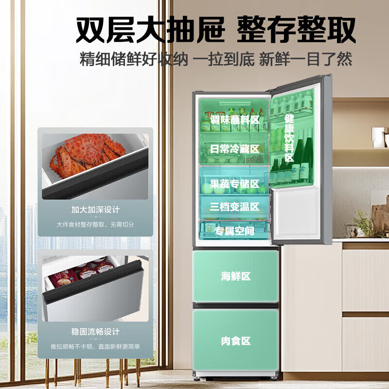 海尔(Haier)310升小型冰箱家用三门变频1级能效风冷无霜三开门节能电冰箱深冷速冻BCD-310WGHD3E7XM高清大图