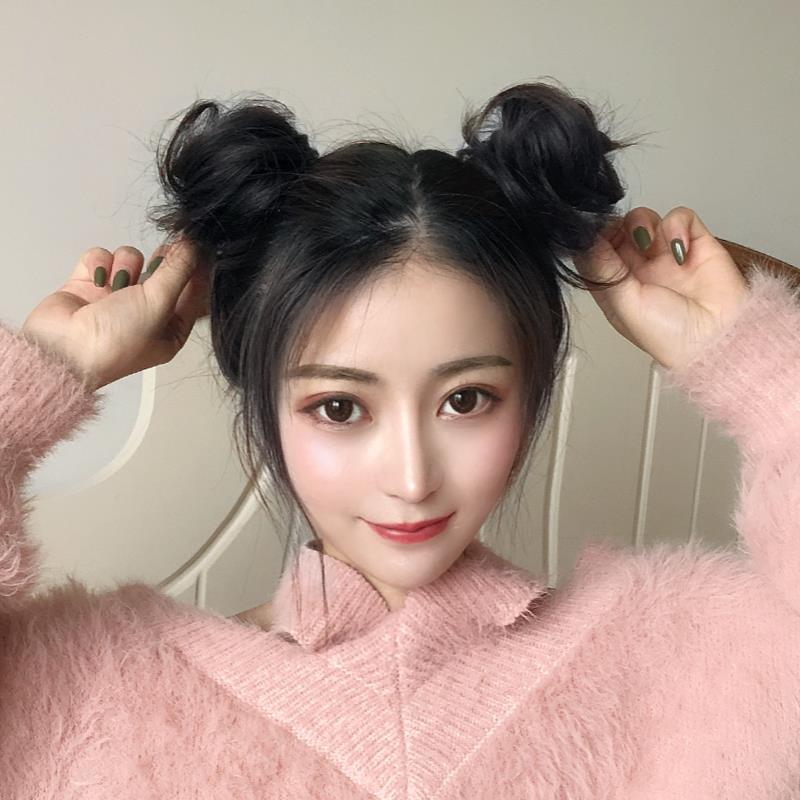 双丸子头卷发圈假发女花苞头盘发器减龄蓬松自然皮筋抓夹假发包 自然黑 单个装[皮筋款]