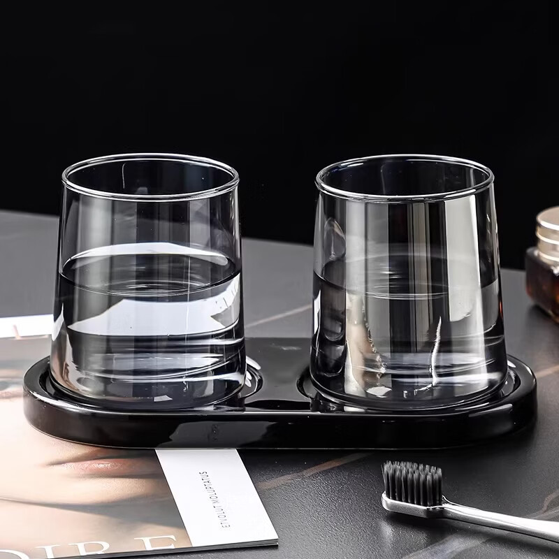 谋福 民宿杯刷牙杯子玻璃杯 陶瓷底座酒店簌口杯[2杯+托盘] 灰色梯形杯+黑色托盘高清大图