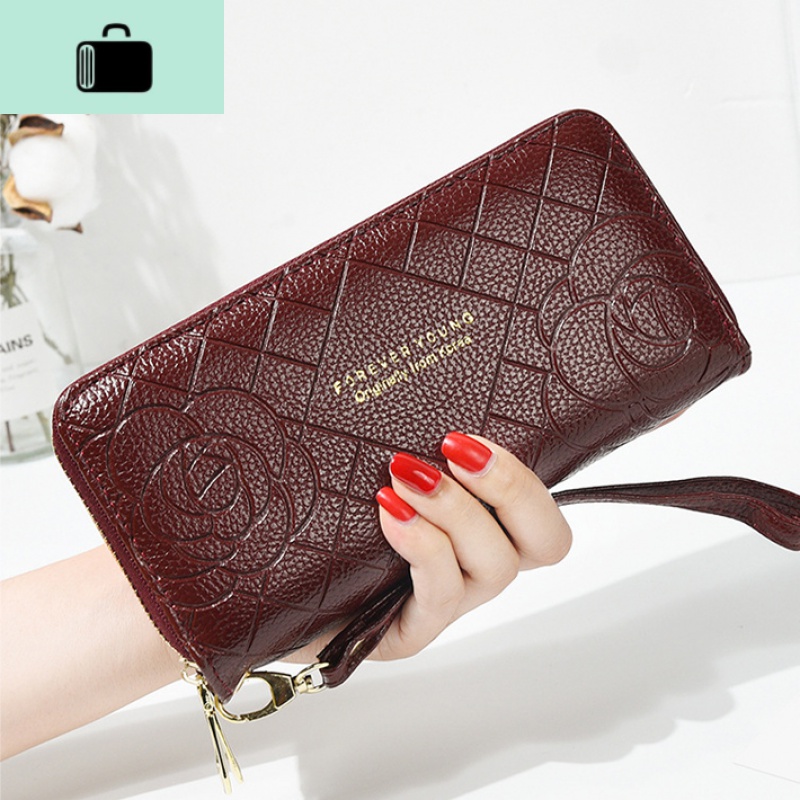 钱包女长款2020新款大容量双拉链手拿包手挽包多功能妈妈钱包NEW LAKE 新增玫瑰花枣红