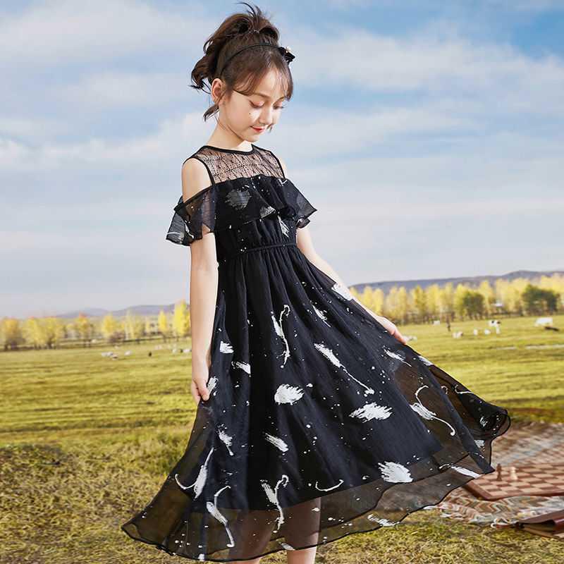 款裙子8-12岁儿童公主裙小女孩时尚露肩长裙衣服少女学院雪纺裙束腰裙