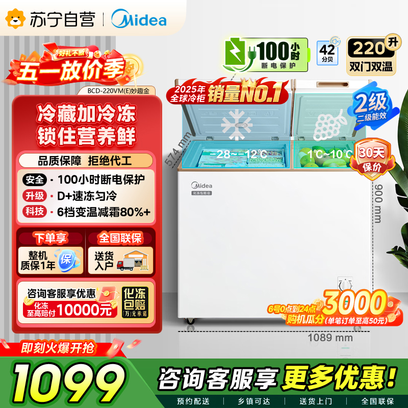 [自营]美的冰箱[大容积囤货]美的(Midea)220升冰柜 双温冷柜 冷藏冷冻 节能冰柜 BCD-220VM(E)高清大图