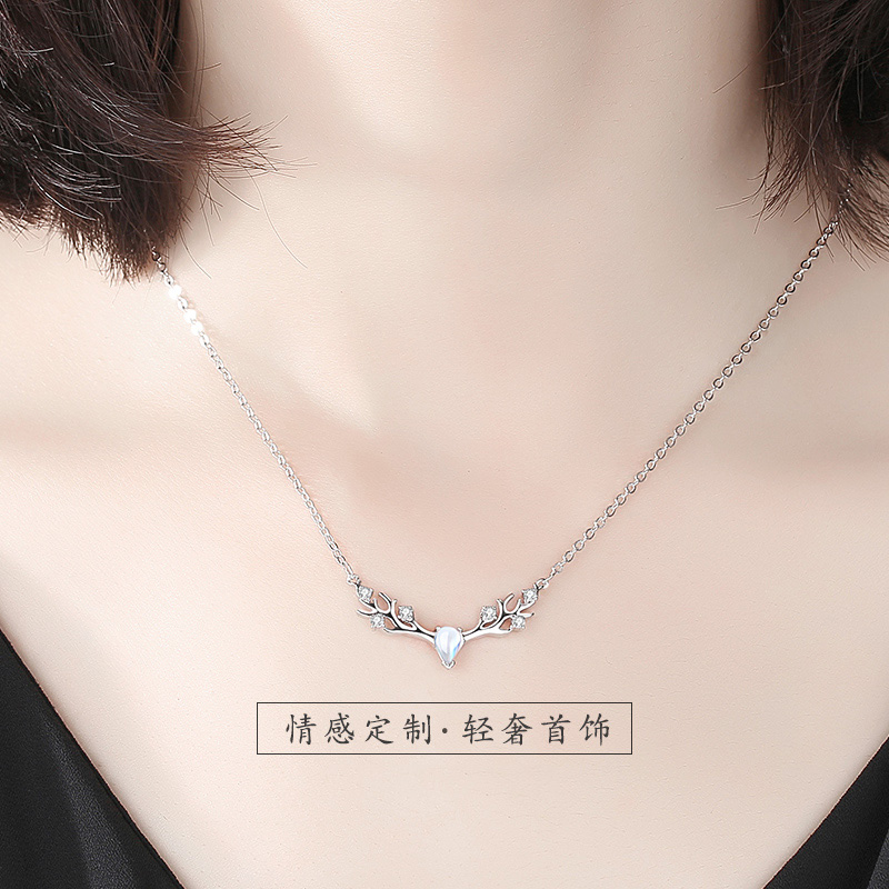 鑫铂尼925纯银项链女小鹿角一路鹿有你银饰女士情侣女款学生女生鹿头吊坠麋鹿锁骨链首饰链520情人节礼物送女友高清大图