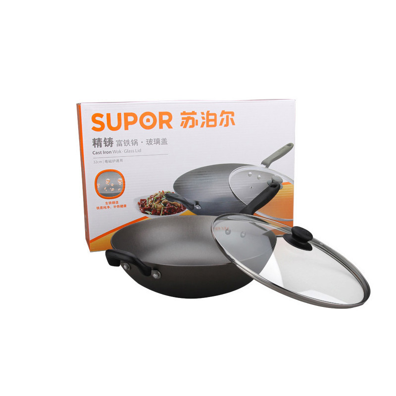 苏泊尔(SUPOR) 炒锅精铸富铁锅健康生铁锅带玻璃盖 明火电磁炉通用32cm FC32E高清大图
