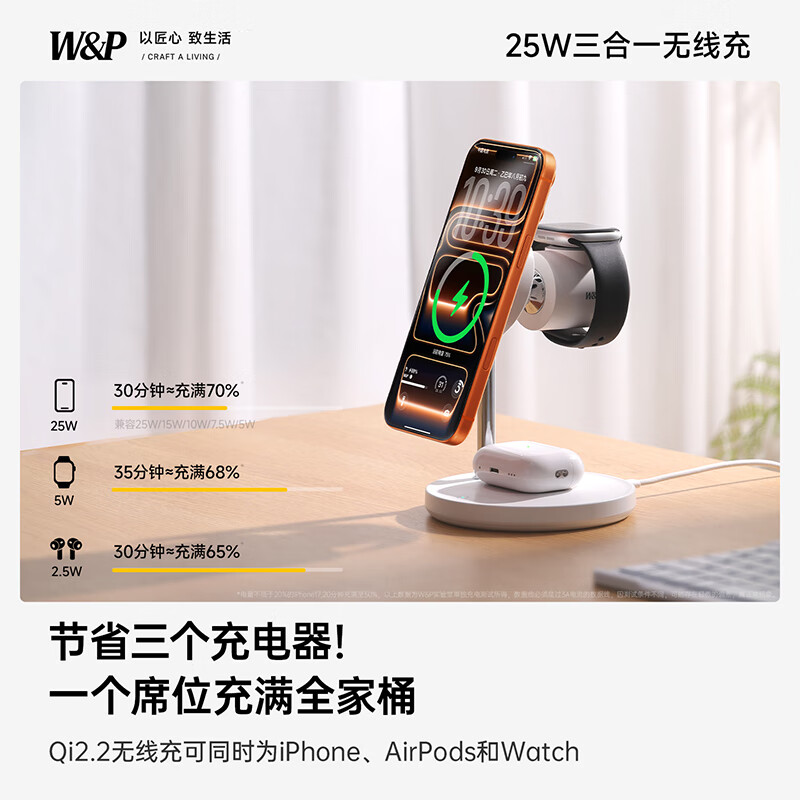 W&P 无线充电器便携三合一无线充电架 BMDT13 白色高清大图