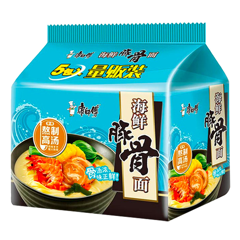 康师傅 熬制高汤 海鲜豚骨面五连包 方便食品 方便面 夜宵 汤面 春运郊游 宅男必备