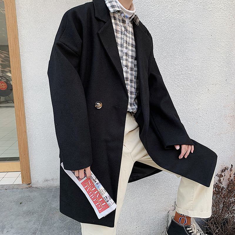 YUANSU风衣外套男士冬季韩版潮流帅气中长款毛呢大衣秋装英伦风加厚呢子风衣图片