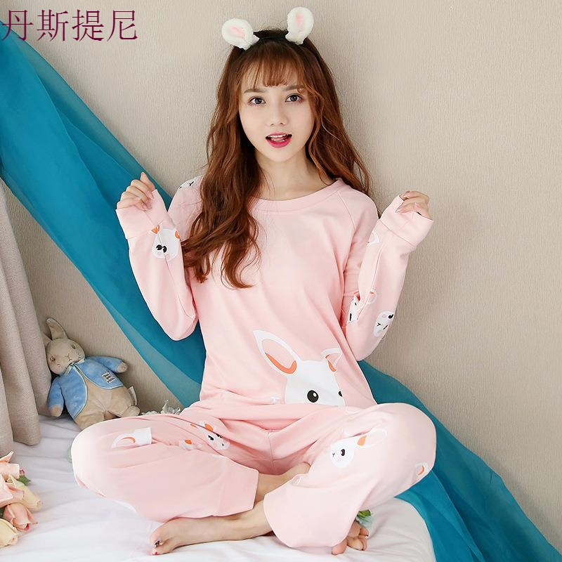 春秋韩版长袖女棉质卡通清新宽松可外穿学生家居服睡衣二件套装