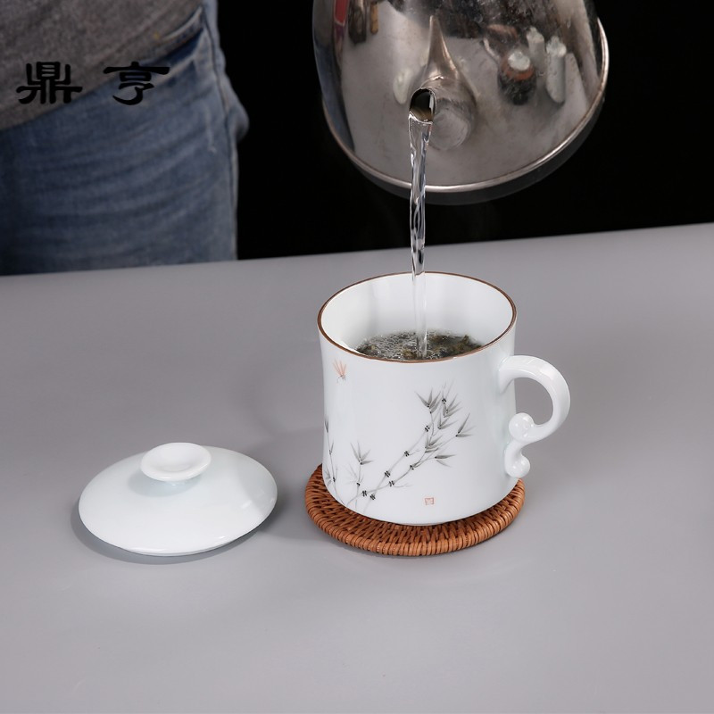 鼎亨景德镇手绘茶杯陶瓷带盖过滤水杯陶瓷杯办公室杯子泡茶杯个人