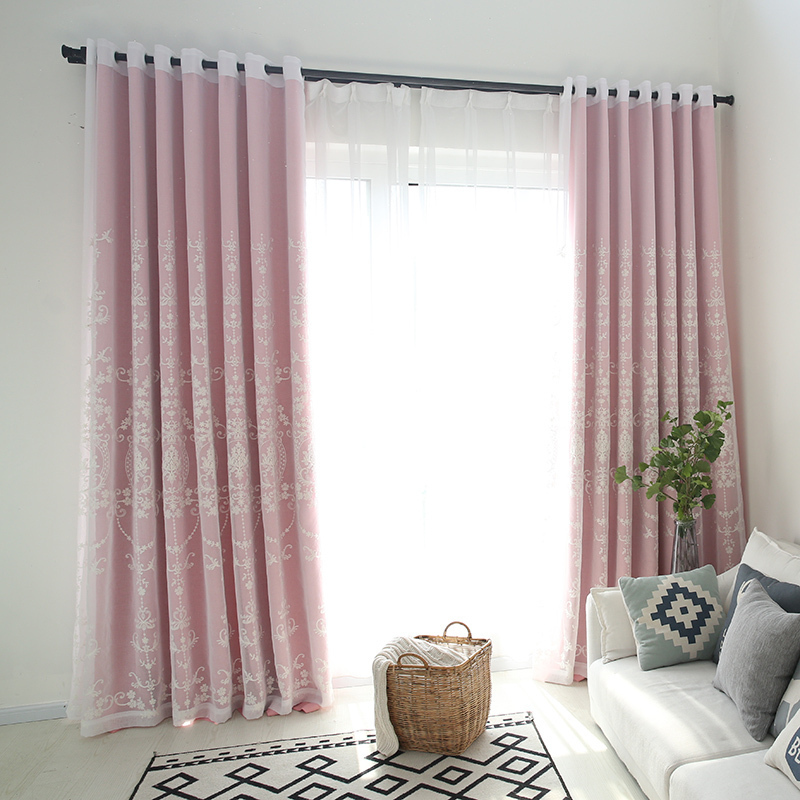 美帮汇欧式白窗纱绣花窗帘粉色纱帘卧室客厅飘窗阳台遮光布成品定制 欧式花+粉布 宽2.0*高2.7挂钩/片（布纱一体（免费改短）