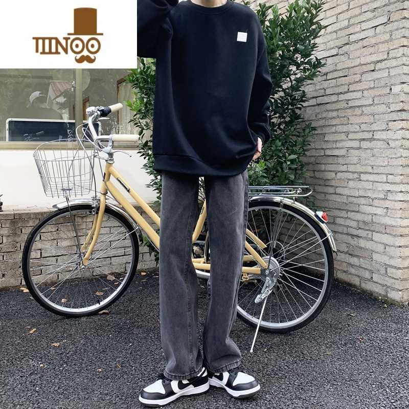 YANXU直筒宽松港风阔腿九分裤子男ins潮流垂感烟灰色做旧灰松宽感高清大图