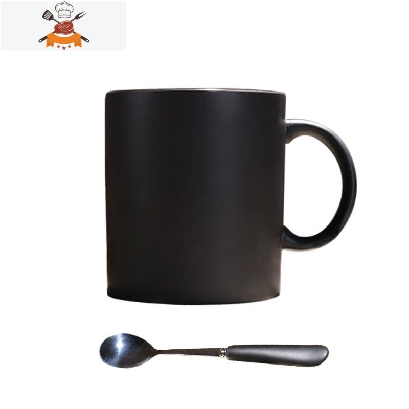 欧式陶瓷黑色哑光大容量马克杯子创意简约磨砂咖啡杯带勺水杯 敬平图片