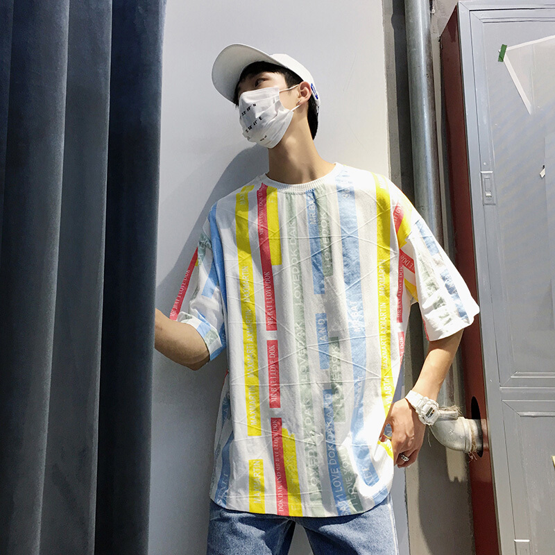 2018夏装日系原宿撞色条纹中袖体恤港风半袖休闲五分短袖T恤男潮yy