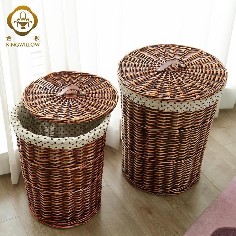 美帮汇脏衣服收纳筐脏衣篮 藤编收纳筐田园储物箱洗衣篮脏衣篓 棕色磨光筐+点点里布小号无盖口30cm高32cm（内衬为白色