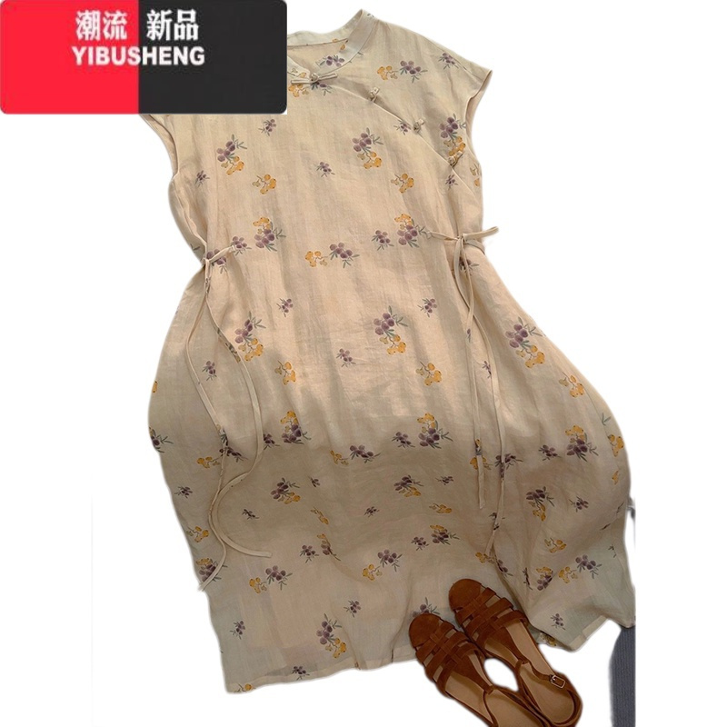 YIBUSHENG新中式改良苎麻旗袍女季民国风斜襟盘扣收腰气质显瘦碎花连衣裙