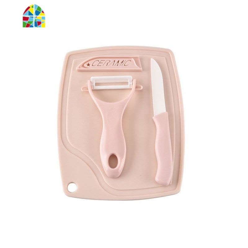 儿童陶瓷水果刀三件套瓜果刀刨丝器削皮刀具菜板套装宝宝辅食剪刀 FENGHOU 北欧粉陶瓷三件套削皮器图片