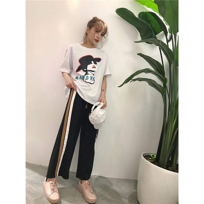 韩版运动休闲套装春夏女装短袖T恤学生打底上衣+开叉阔腿裤两件套卡其T+裤子均码
