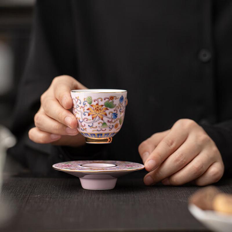 苏氏陶瓷(SUSHI CERAMICS) J1058 珐琅 彩缠莲枝 品茗杯 60ml (单位:个) 粉色