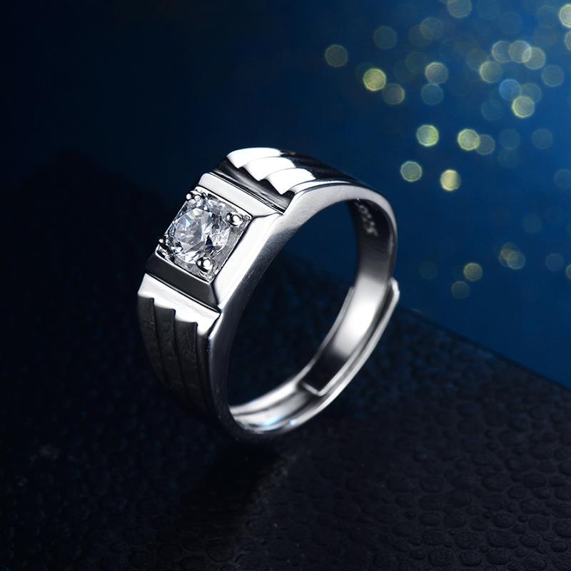 阡陌925银男士戒指开口男款指环日韩版霸气戒指仿真钻戒时尚饰品银饰