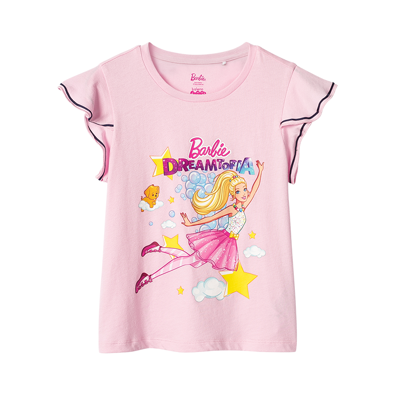 班尼路童装新款芭比女中童短袖t恤花边袖潮流