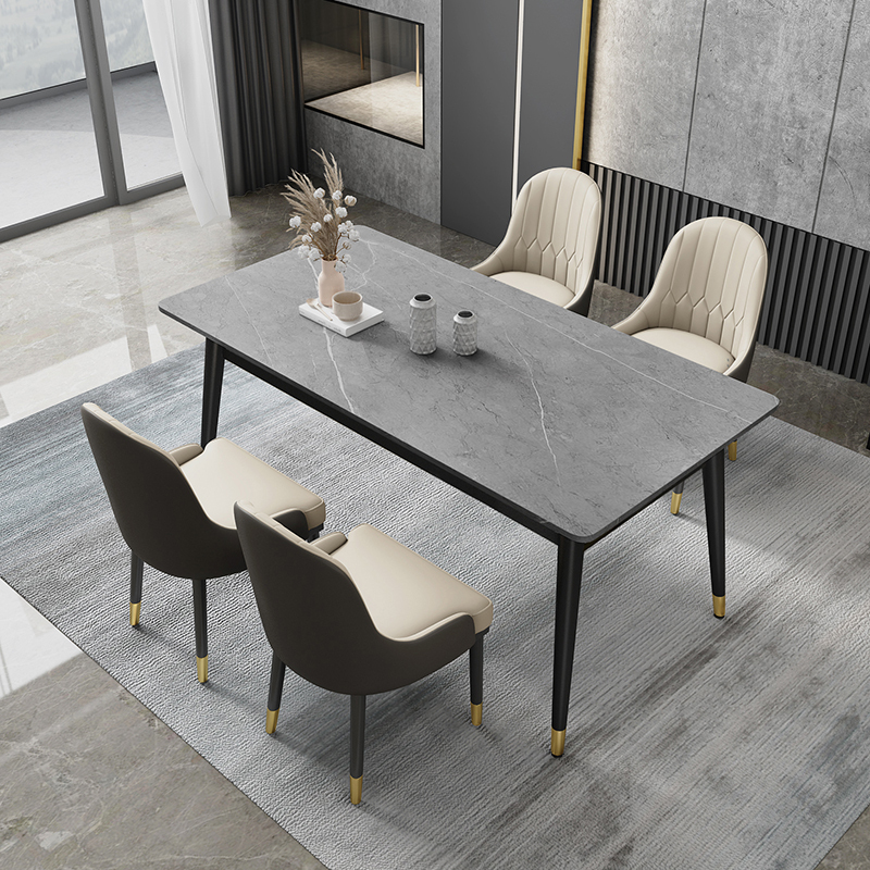 北欧大理石桌面黑金轻奢餐桌椅组合家用小户型客厅餐桌现代简约长方形