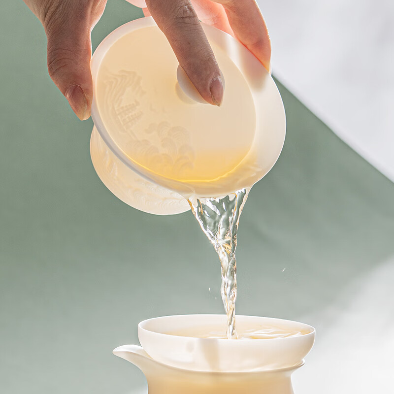 陶瓷羊脂玉瓷茶具套装超薄胎浮雕“乘风破浪”三才盖碗功夫茶具礼盒装 苏氏高清大图