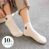 袜子女纯棉袜中筒袜日系短筒女袜纯色全棉袜心形百搭韩版学院风