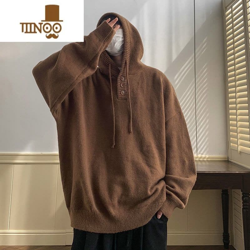 YANXU连帽毛衣男日系复古慵懒外套oversize戴帽子针织衫卫衣图片