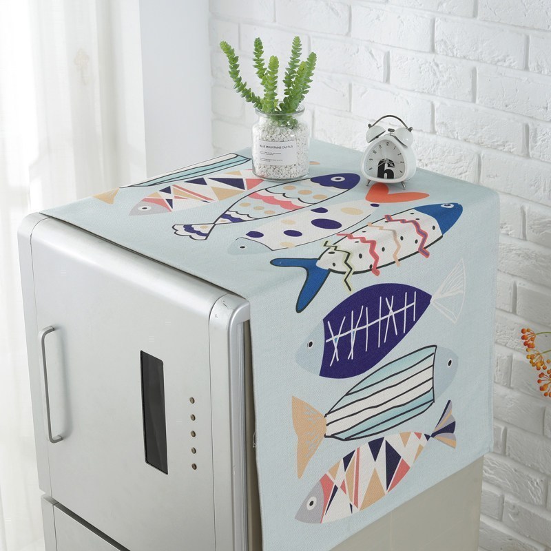 家柏饰(CORATED)美式布艺电罩布鱼单双对三开冰箱盖布巾年年有鱼 蓝灰底[棉麻防水款] 双开/对开门67*175cm