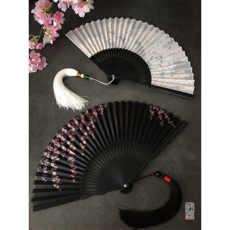 中国风镂空绸女式古风折扇子日式古典竹林小随身樱花礼品扇 三维工匠 黑骨竹林+大珠流苏高清大图